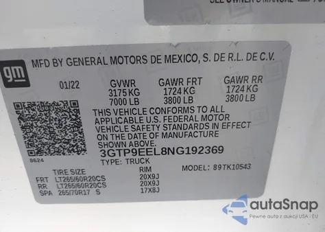 2022 GMC Sierra 1500 Limited 4Wd Short Box At4 z USA, uszkodzony, nr VIN 3GTP9EEL8NG192369